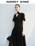 audreyyang Refined Solid V-neck Natural Waist Short Sleeve Casual Polyester Maxi Dresses