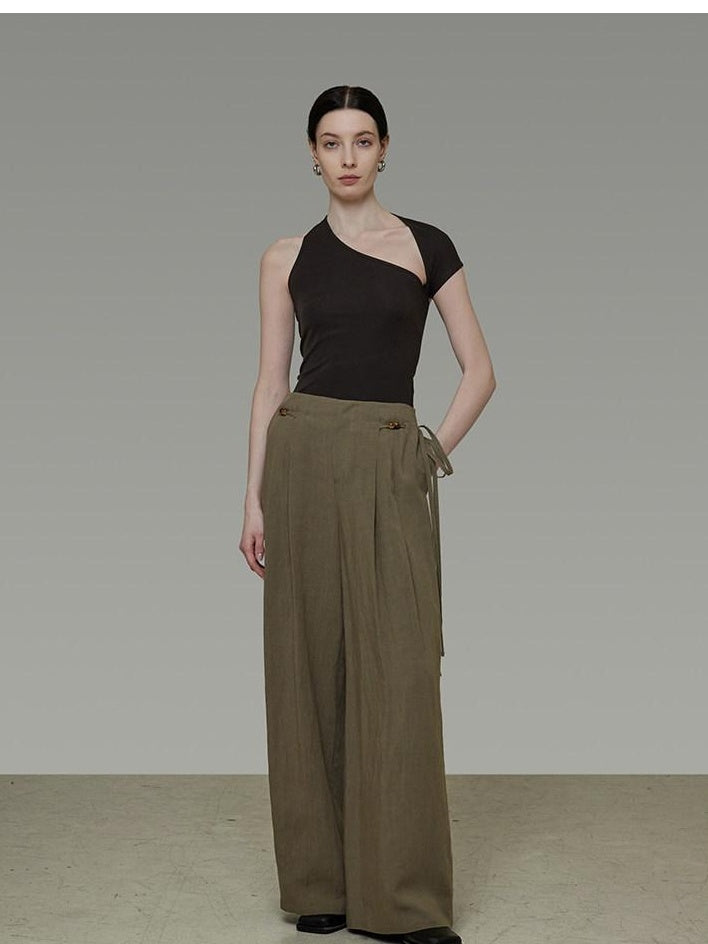unspoken Soft Lyocell Asymmetric Neck Fitted Stone Green Off Shoulder Crop Tops