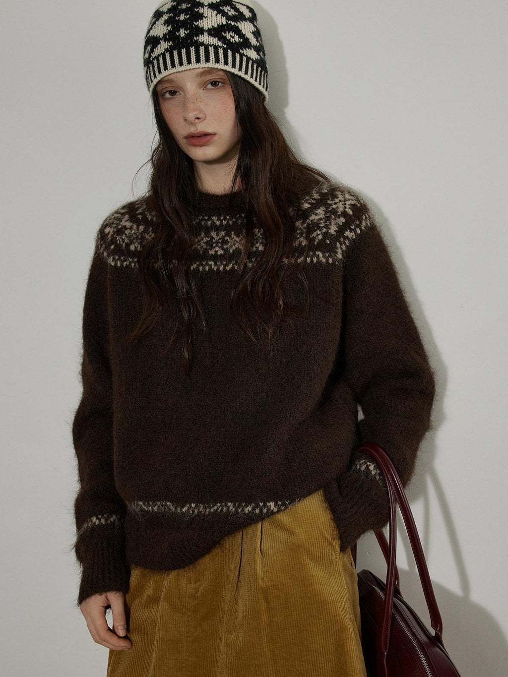 Lofi choose Thick Loose Fit Commuter Round Neck Pullover Women Knit Green Brown Sweaters