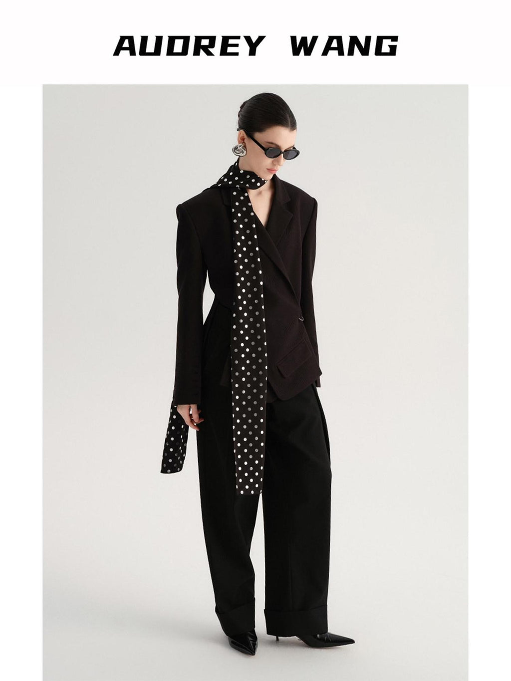 audreyyang Crossover Waist Office Relaxed Fit Women Double Breasted Black Blazers