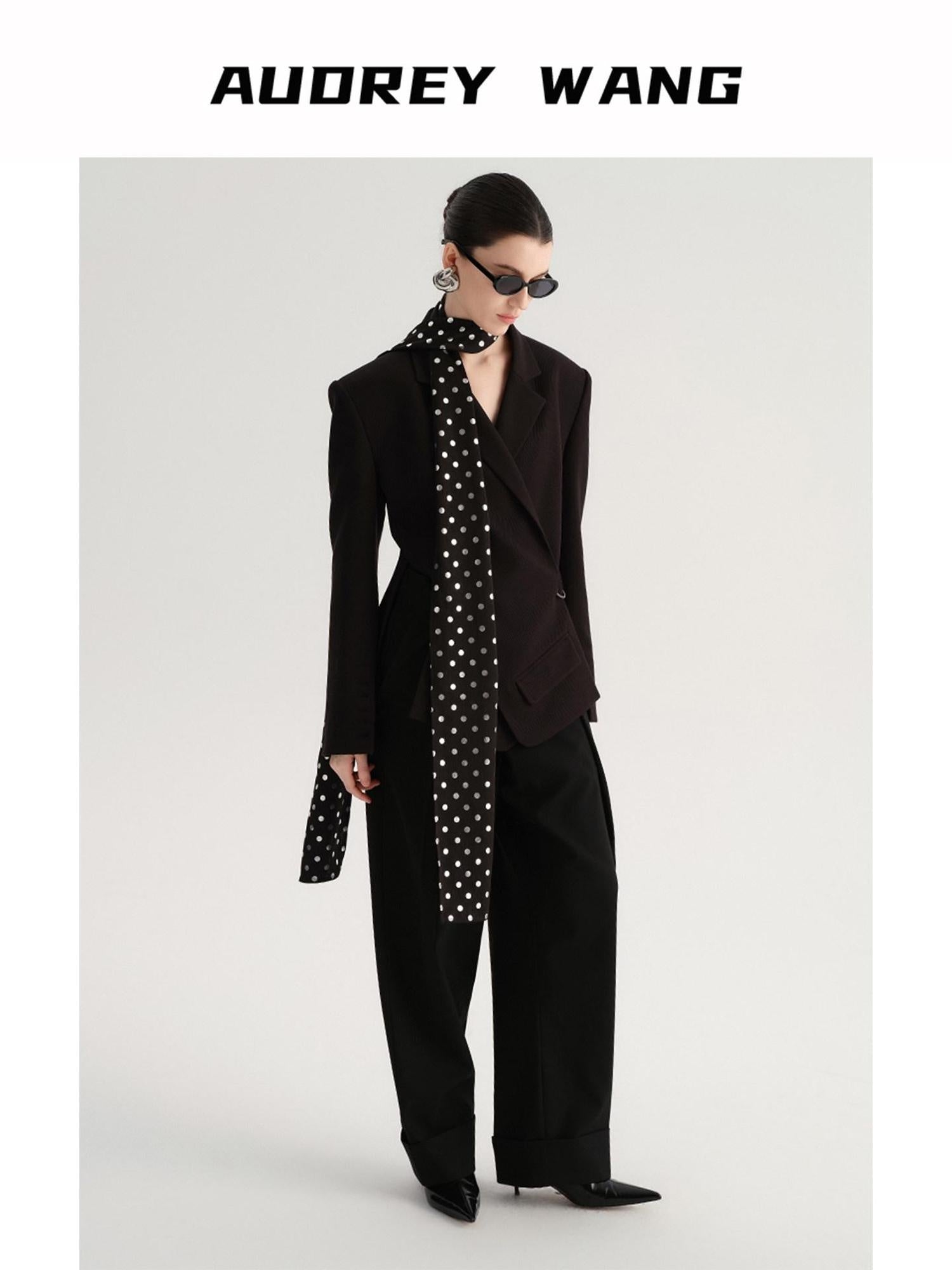 audreyyang Crossover Waist Office Relaxed Fit Women Double Breasted Black Blazers