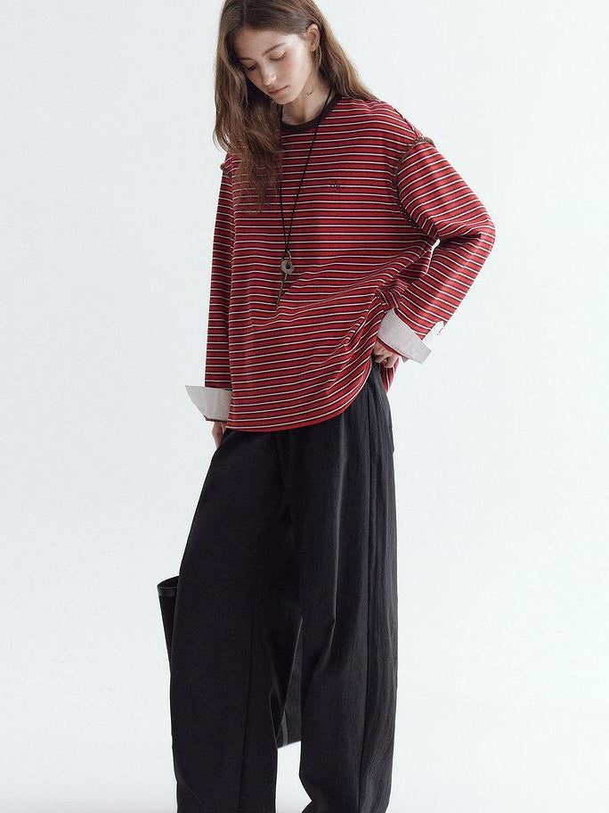 fano Comfort Cotton Stretch Striped Korean Loose Fit Women Long Sleeve T-Shirts