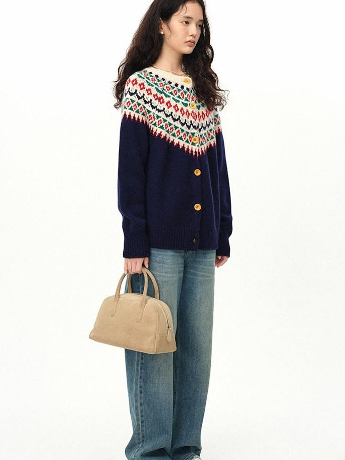fano 100 Percent Wool Loose Fit Button Front Commuter Crew Neck Knit Cardigans