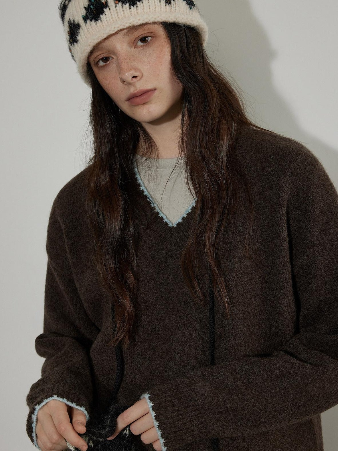 Lofi choose Soft Acrylic V-neck Loose Fit Office Knit Pullover Grey Brown Sweaters