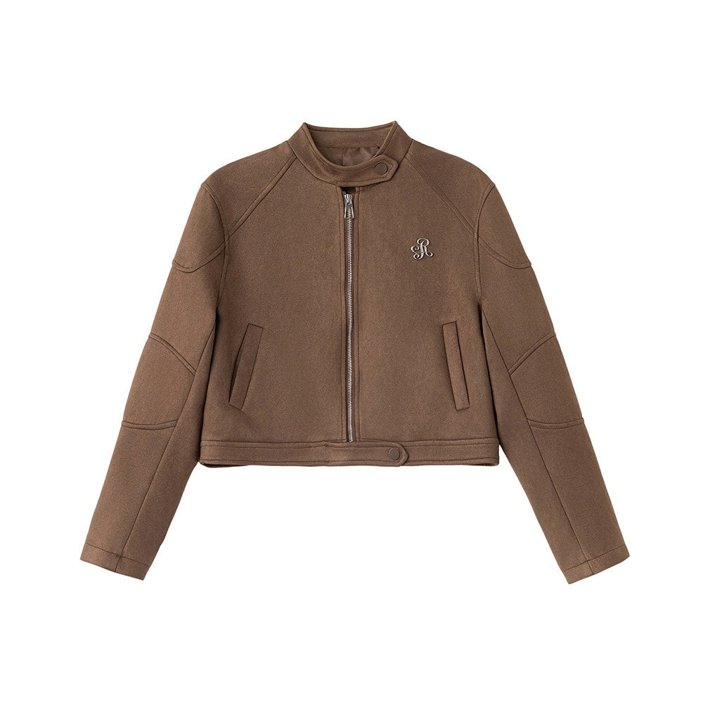 ikyou_Durable_Vintage_Slim_3D_Embellished_Stand_Collar_Zip_Brown_Women_Cropped_Jackets_MISSTT