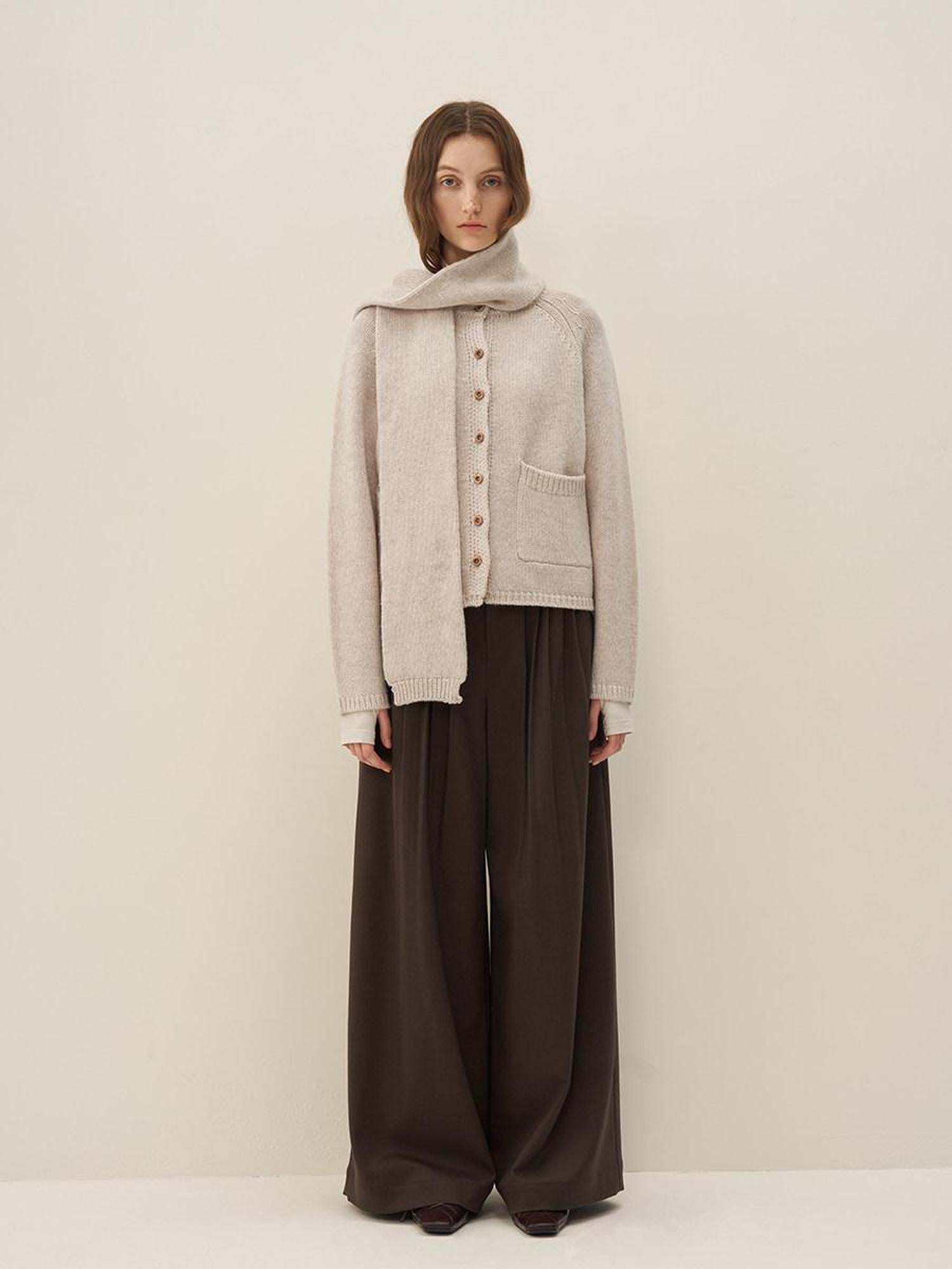 someone sometimes Wool Blend Button Front Round Neck Long Sleeve Commuter Oatmeal Beige Cardigans