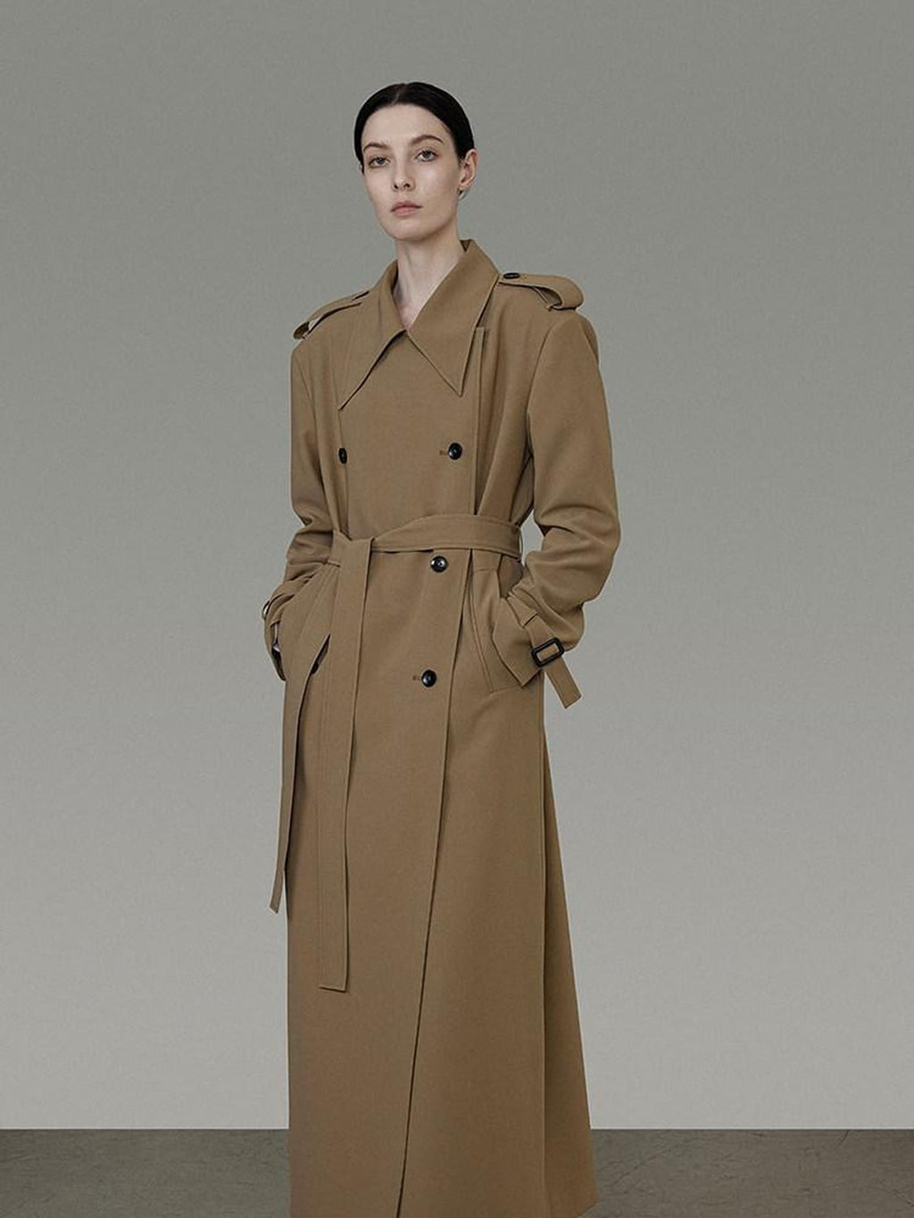unspoken Double Breasted Straight Minimalist Office Tea Brown Longline Women Trench Coats