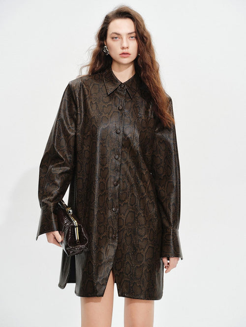 audreyyang Detachable Vintage Snake Print Pu Midlength Relaxed Womens Lapel Leather Jackets
