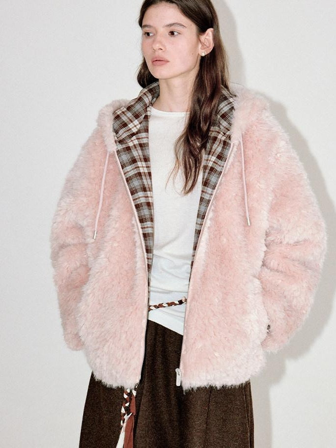 fano Cozy Lotus Pink Plaid Zip Closure Relaxed Loose Fit Womens Outerwear Long Coats