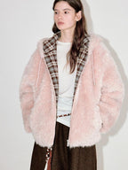 fano Cozy Lotus Pink Plaid Zip Closure Relaxed Loose Fit Womens Outerwear Long Coats