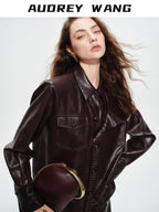 audreyyang Premium Pu Leather Lapel Long Sleeve Tailored Womens Black Wine Leather Jackets