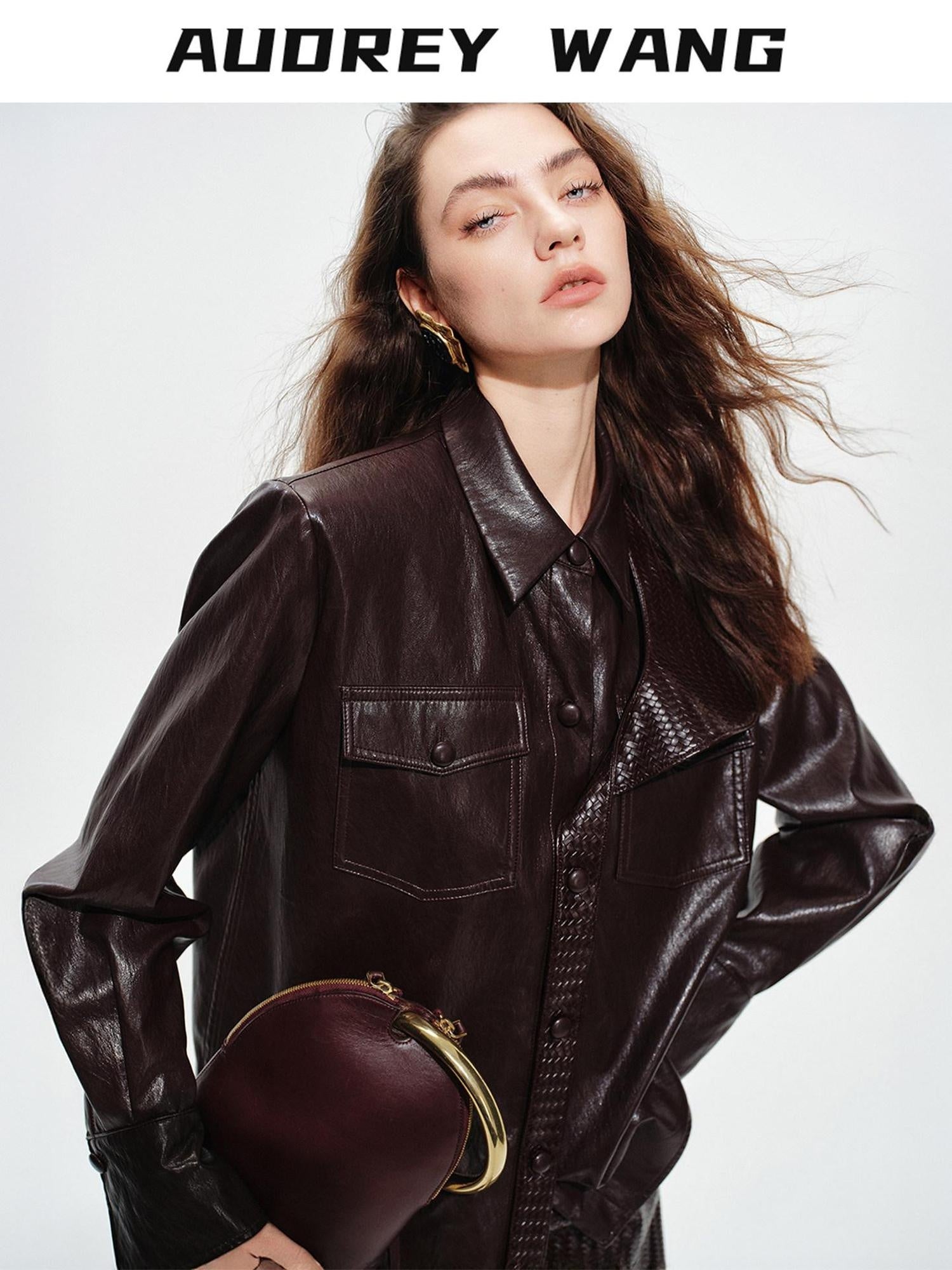 audreyyang Premium Pu Leather Lapel Long Sleeve Tailored Womens Black Wine Leather Jackets
