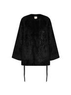 unspoken Faux Fur Lined Minimal Oversized Womens Black Round Neck Long Sleeve Short Coat