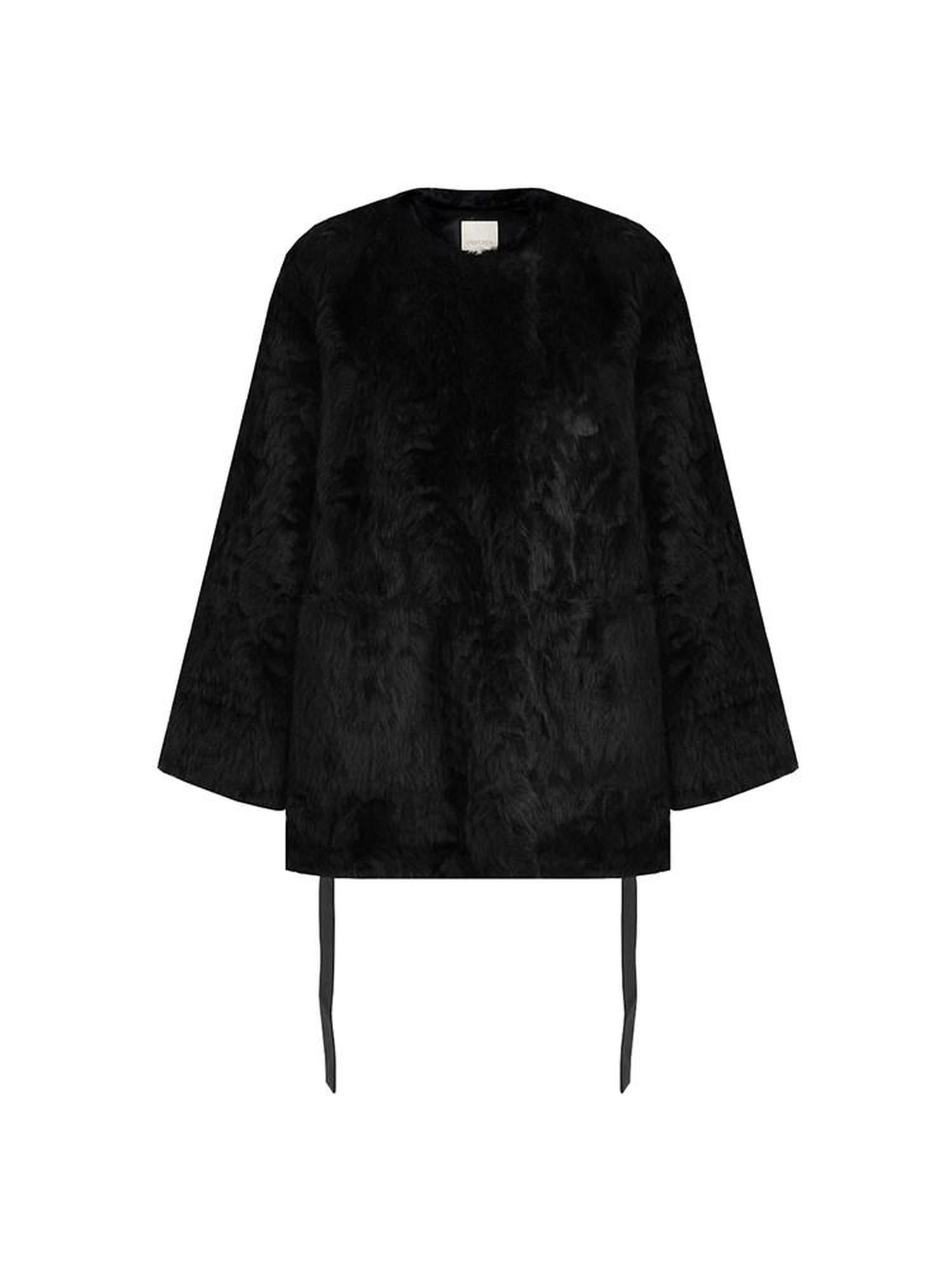 unspoken Faux Fur Lined Minimal Oversized Womens Black Round Neck Long Sleeve Short Coat