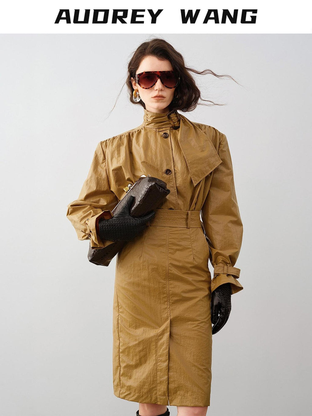 audreyyang Slimming Loose Cuffed Sleeves Button Women Mustard Green Leather Jackets