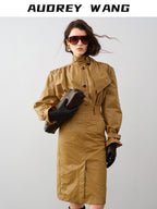 audreyyang Slimming Loose Cuffed Sleeves Button Women Mustard Green Leather Jackets