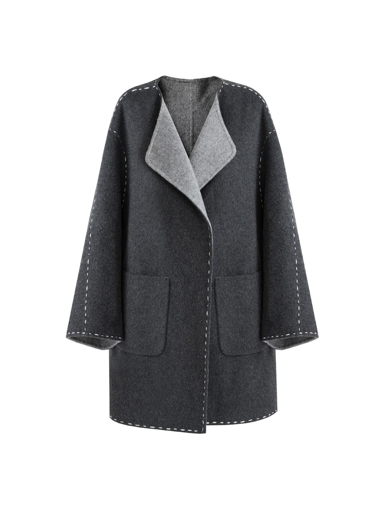 unspoken Warm Thick 3D Tailored Loose Fit Lapel Collar Commuter Women Charcoal Wool Coats