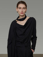 unspoken Breathable Minimalist Loose Fit Ribbon V-neck Office Women Solid Black Blouses