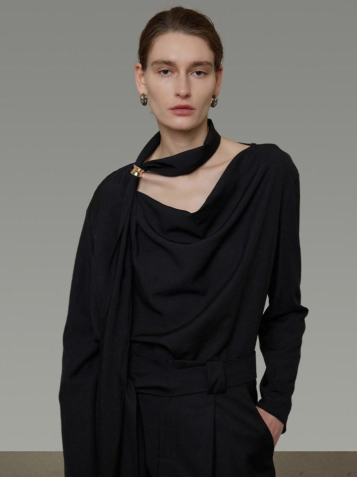 unspoken Breathable Minimalist Loose Fit Ribbon V-neck Office Women Solid Black Blouses
