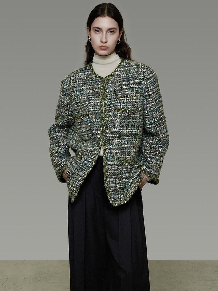 unspoken Lambswool Blend Structured Commuter Round Neck Relaxed Green Wool Coats