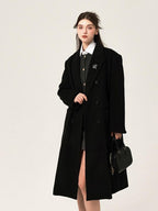 ikyou Wool Blend Double Breasted Straight Mid Length Office Tailored Black Long Coats