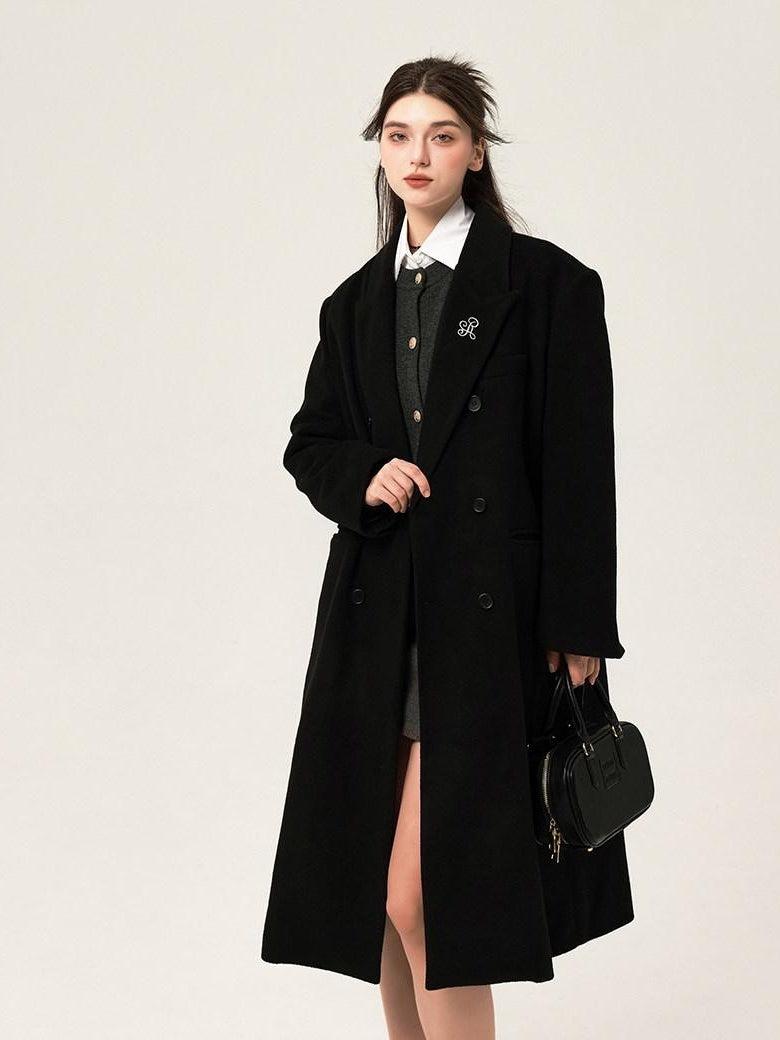 ikyou Wool Blend Double Breasted Straight Mid Length Office Tailored Black Long Coats
