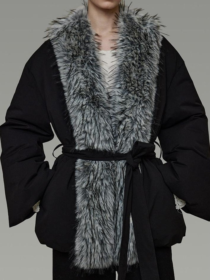 unspoken Premium Warm 90 White Duck Down Loose Lapel Tie Front Women Black Down Jackets