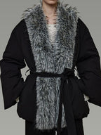 unspoken Premium Warm 90 White Duck Down Loose Lapel Tie Front Women Black Down Jackets