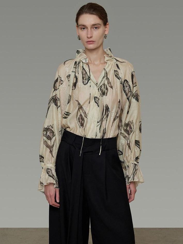 unspoken Breathable Soft Office Loose V-neck Embroidered Floral Viscose Blend Blouses