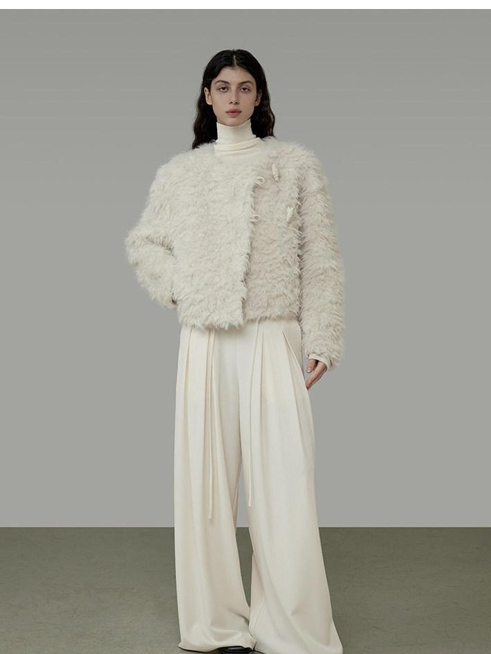 unspoken Warm Thick Minimalist Loose Fit Round Neck Ivory Workwear Cropped Jackets