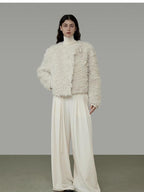 unspoken Warm Thick Minimalist Loose Fit Round Neck Ivory Workwear Cropped Jackets