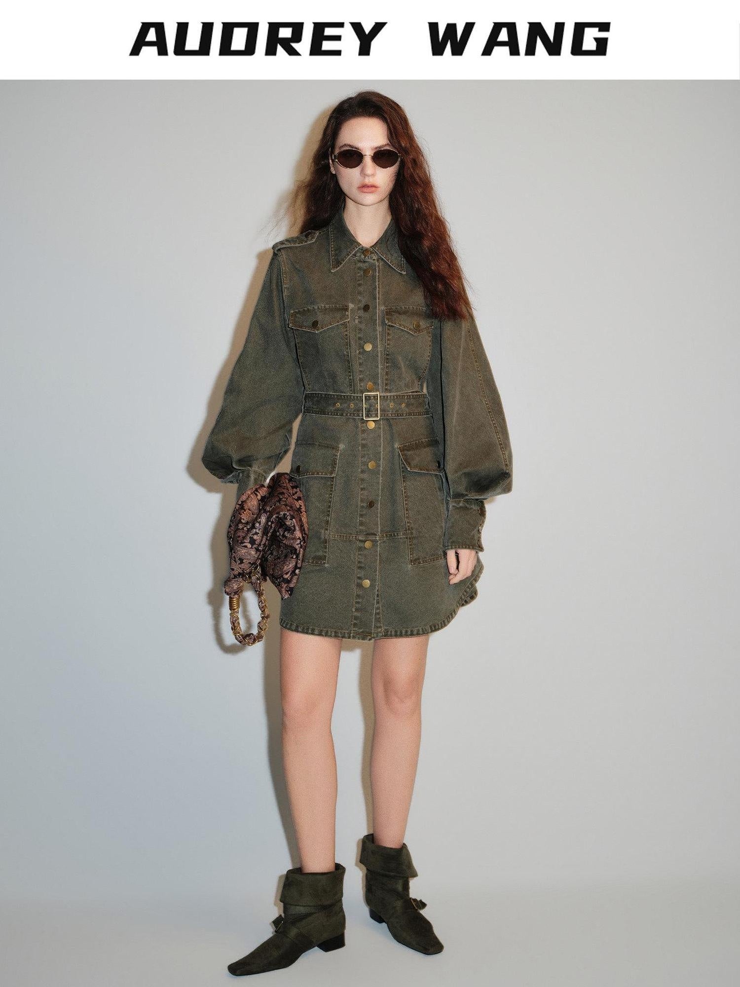 audreyyang 100 Percent Cotton Loose Casual Long Sleeve Military Green Denim Jackets