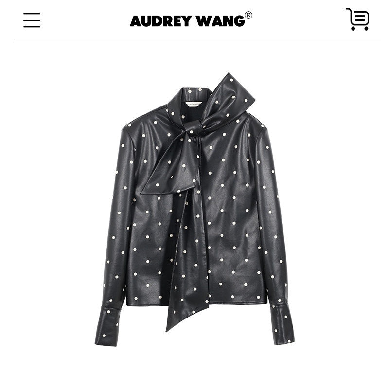 audreyyang_Waterproof_Pu_Leather_Vintage_Loose_Bow_Tie_Neck_Polka_Dot_Blouses_MISSTT