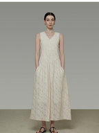 unspoken Elegant Jacquard V-neck High Waist A Line Sleeveless Work Off White Maxi Dresses