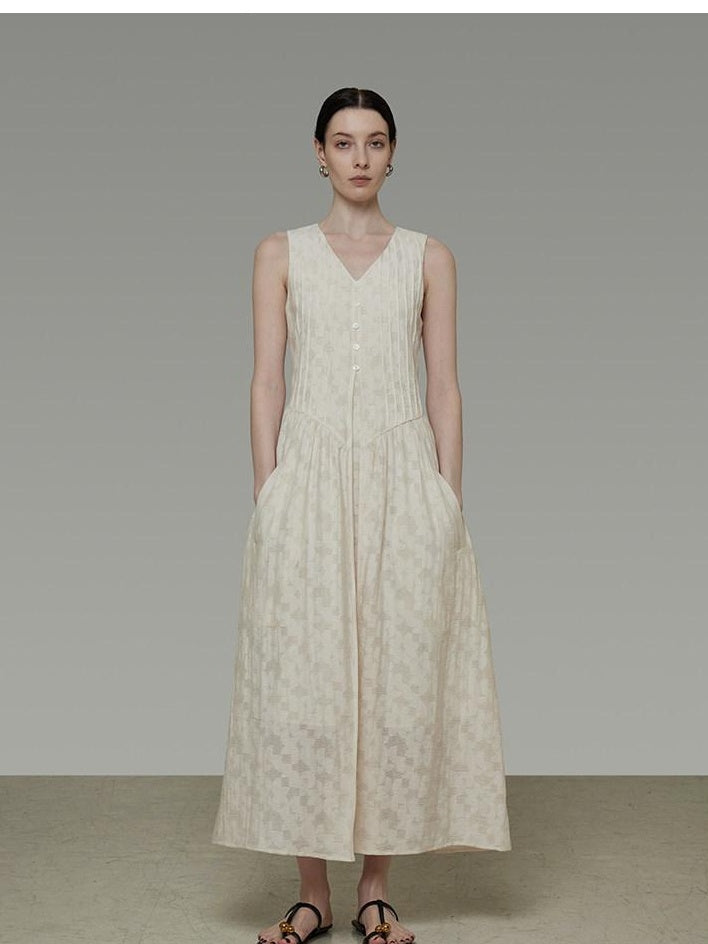unspoken Elegant Jacquard V-neck High Waist A Line Sleeveless Work Off White Maxi Dresses
