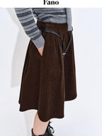 fano Lined High Waist Pleated Vintage A Line Cotton Brown Midi Skirts