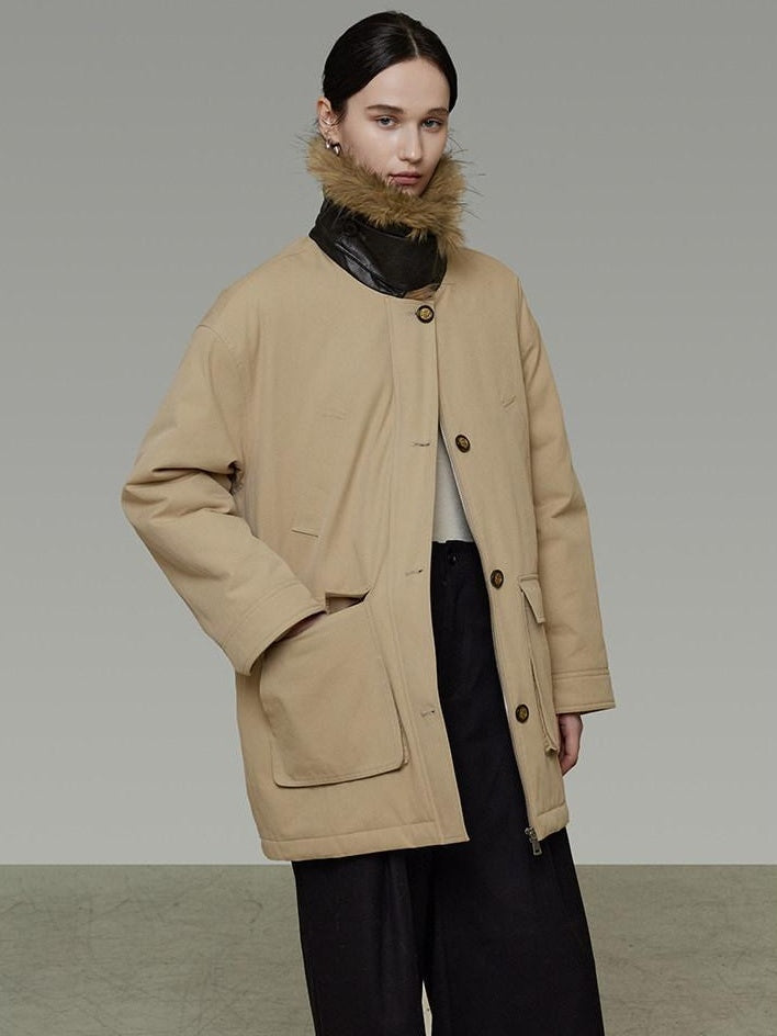 unspoken Thick Cotton Oversized Midlength Single Breasted Khaki Puffer Jackets