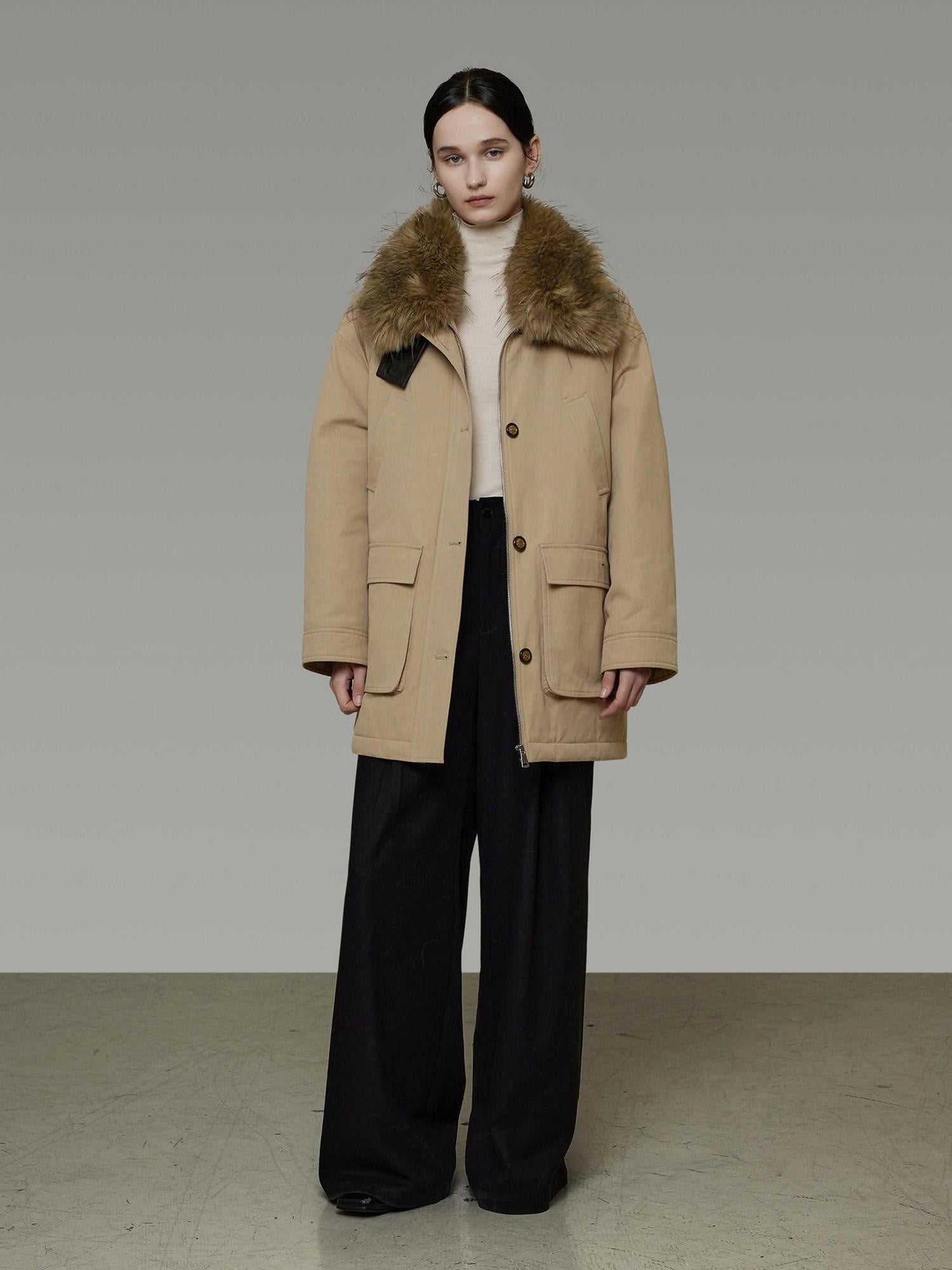 unspoken Thick Cotton Oversized Midlength Single Breasted Khaki Puffer Jackets