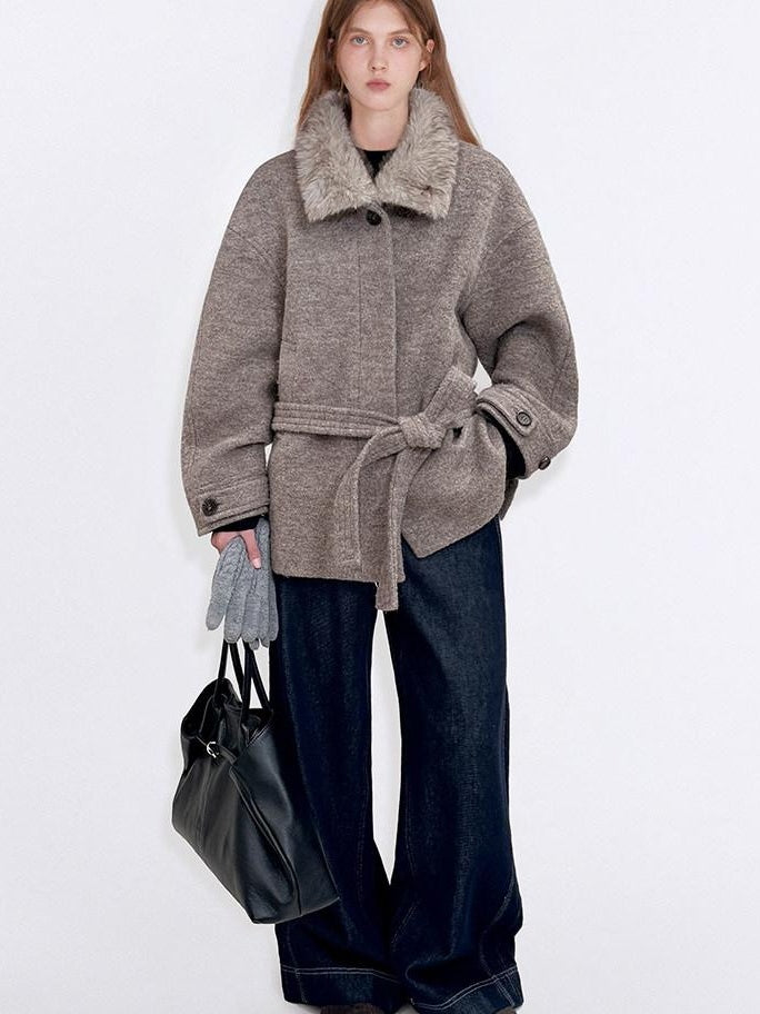 fano 70 Wool 30 Polyester Light Brown Women Korean Commuter Stand Collar Wool Coats