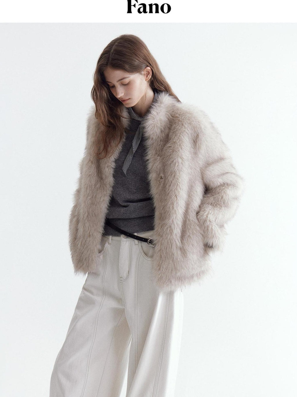 fano Warm Faux Fur Lined Oversized Stand Collar Casual Women Grey Apricot Short Coat