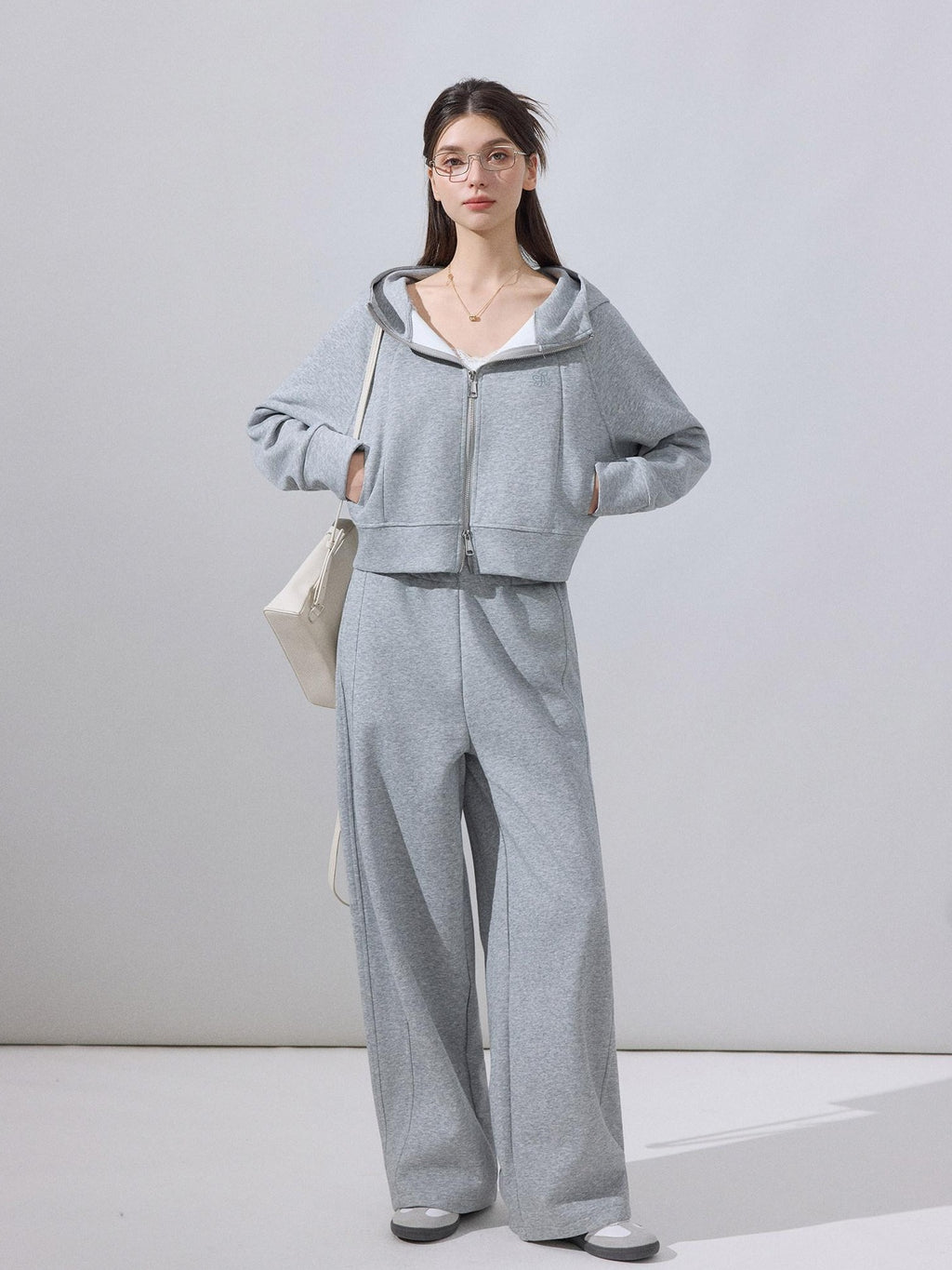 ikyou Embroidered Hooded Cropped Zipper Casual Women Cotton Blend Top & Pants Sets