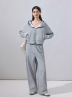 ikyou Embroidered Hooded Cropped Zipper Casual Women Cotton Blend Top & Pants Sets