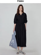 fano Flattering Tied Waist Workwear A Line V-neck Women Viscose Nylon Black Maxi Dresses