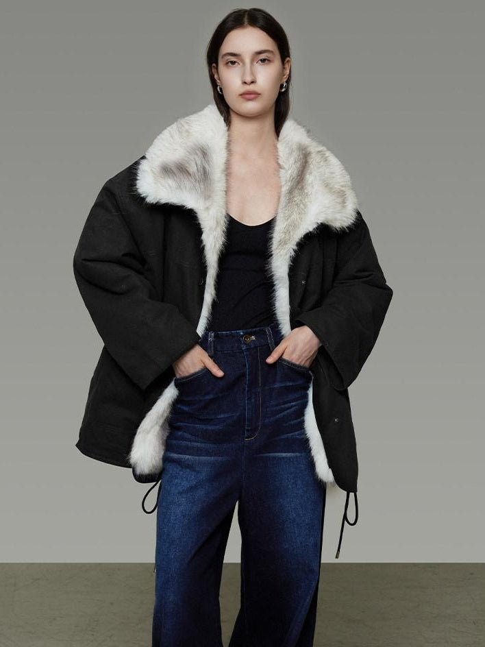unspoken Fur Lined Thick Minimal Commuter Loose 3D Tailored Cotton Navy Puffer Jackets