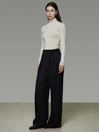 unspoken High Waist Tie Detail Minimalist Breathable Office Black Polyester Wide Leg Pants
