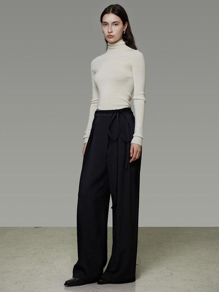 unspoken High Waist Tie Detail Minimalist Breathable Office Black Polyester Wide Leg Pants