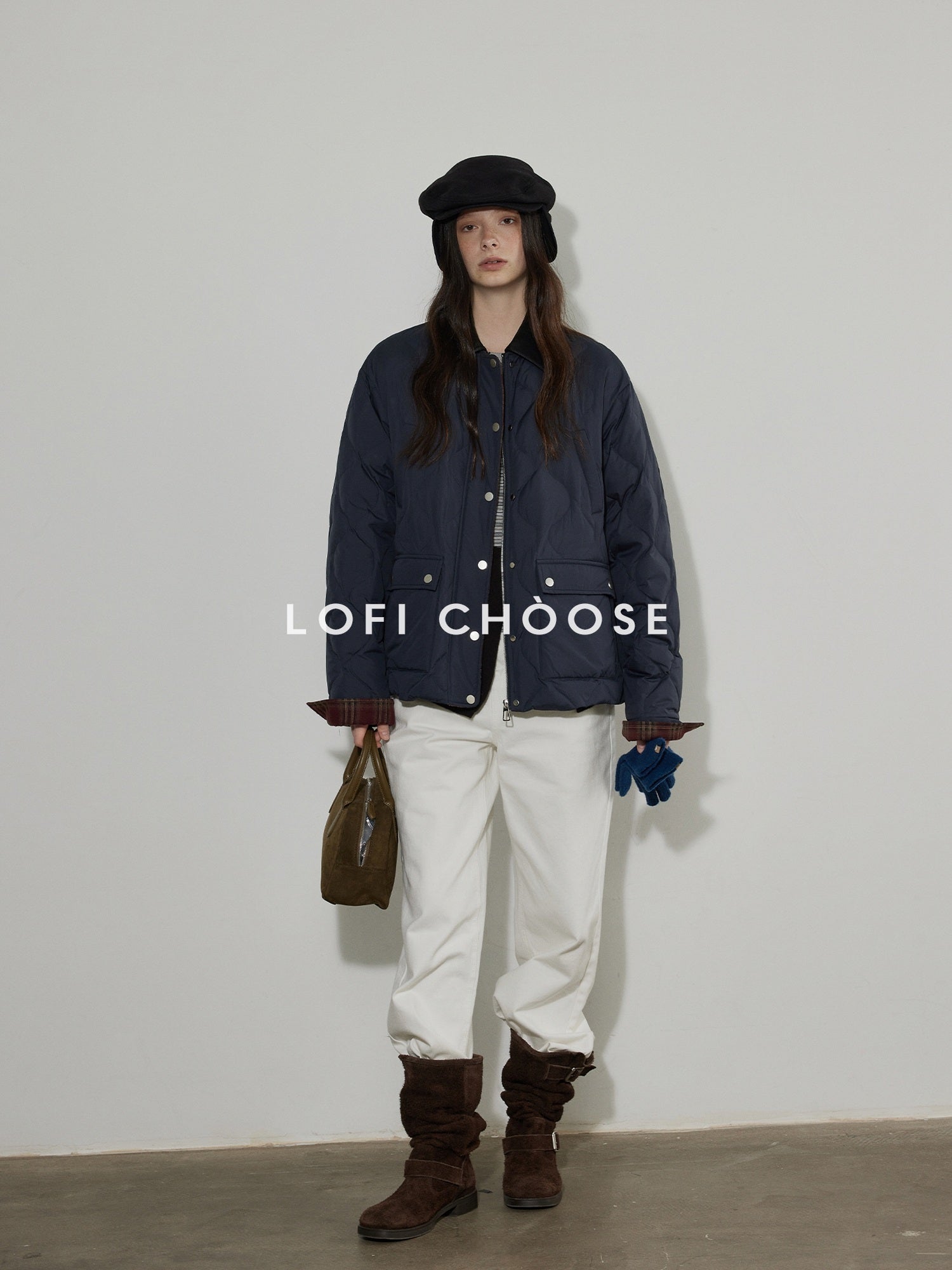 Lofi choose 90 Percent White Duck Down Commuter Loose Fit Lapel Navy Down Jackets