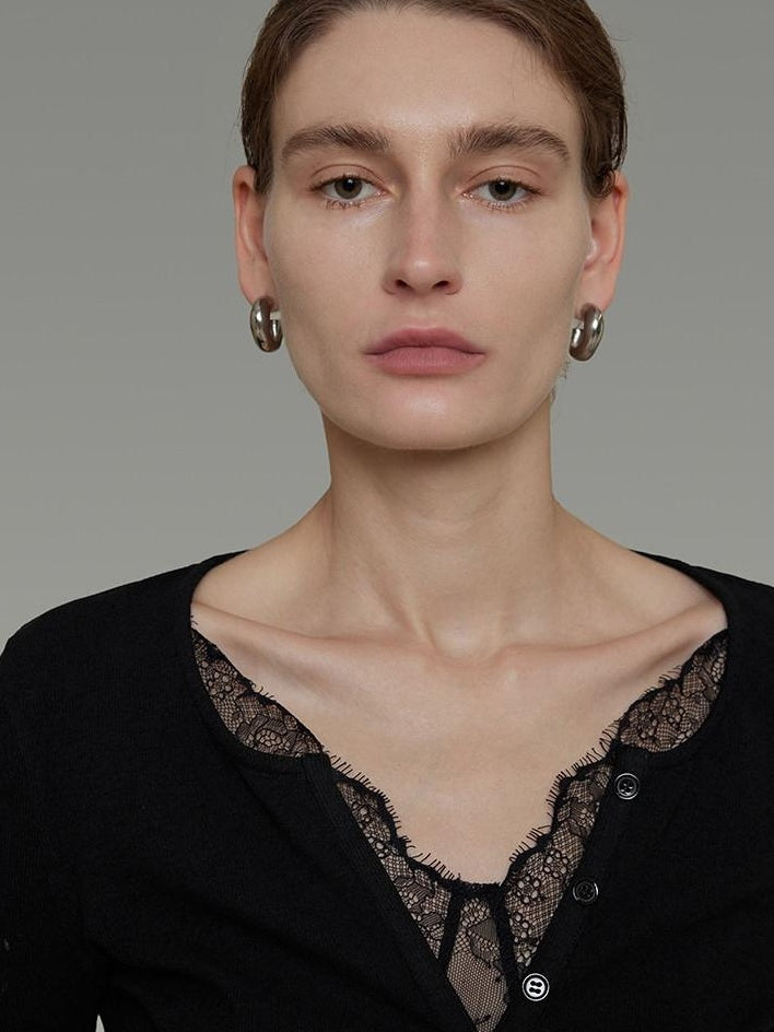 unspoken Viscose Knit Casual Slim Lace Trim Women V-neck Long Sleeve Black Blouses