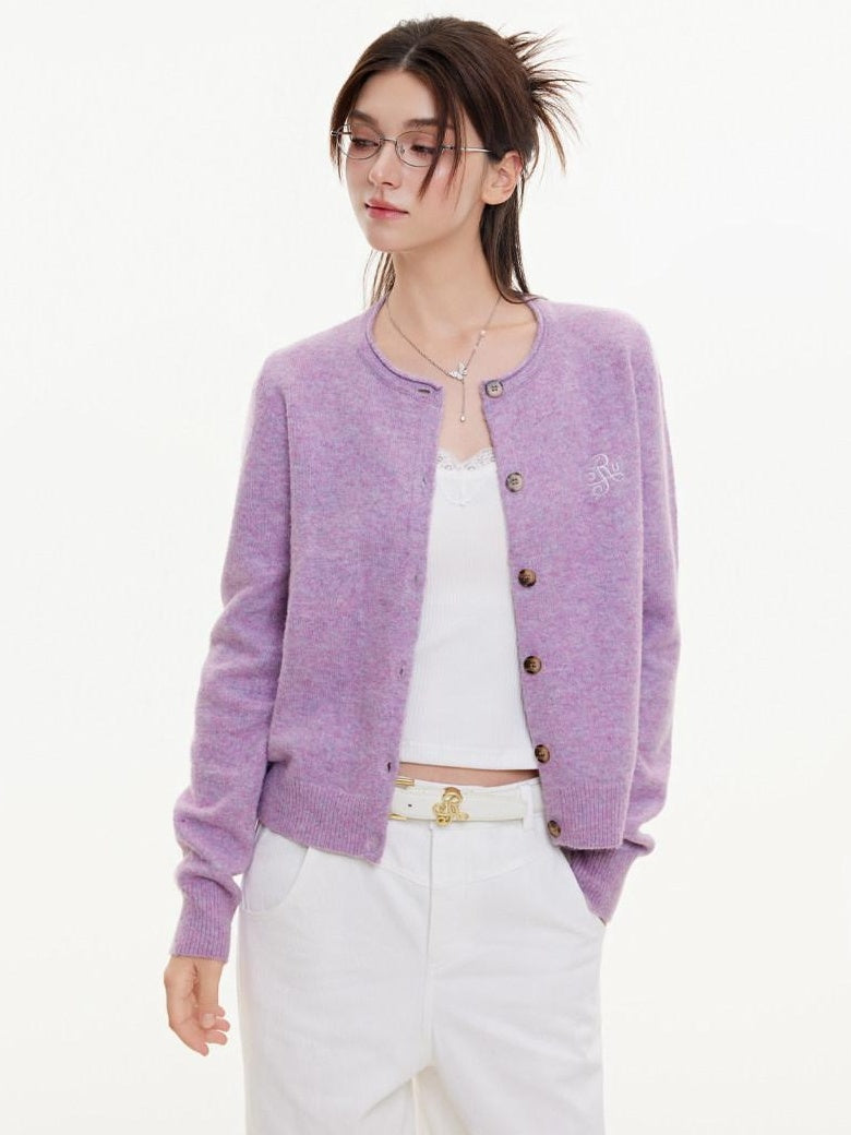 ikyou Eco Recycled Warm Commuter Loose Embroidered Knit Long Sleeve Purple Cardigans