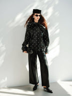audreyyang Waterproof Pu Leather Vintage Loose Bow Tie Neck Polka Dot Blouses